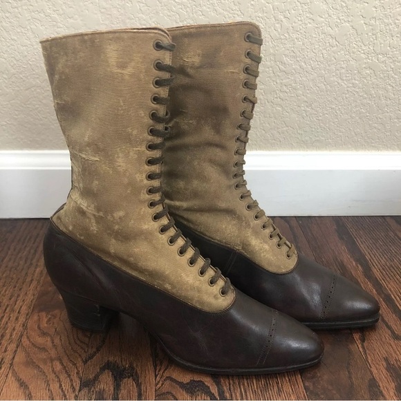 Vintage 1800’s All America Women’s Lace Up Leather/Canvas Victorian Narrow Boots - Picture 2 of 13
